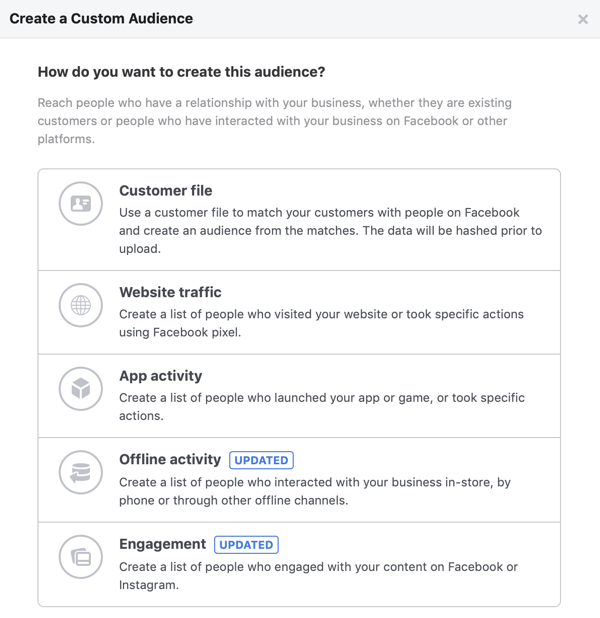 Options pour Comment voulez-vous créer cette audience pour votre audience personnalisée Facebook.