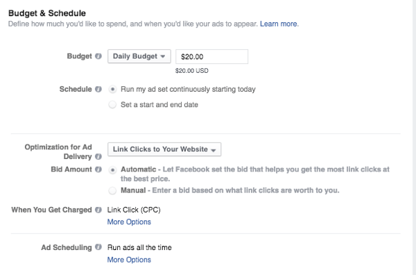 budget et calendrier des annonces Facebook