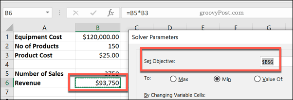 La cellule Set Objective dans Solver for Excel