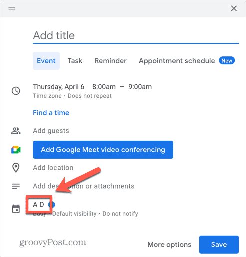 Capture d'écran de l'option de calendrier des événements de Google Agenda