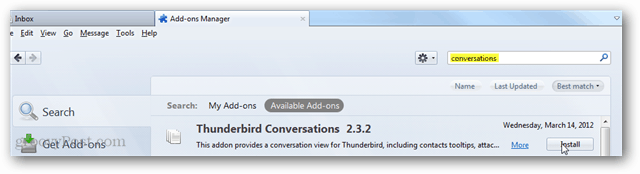 conversations thunderbird - installer le module complémentaire via la page de recherche