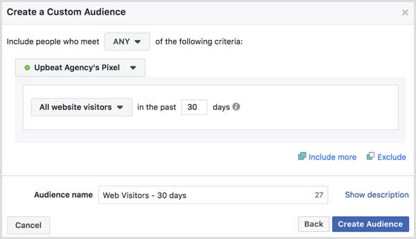 Choisissez des options pour créer une audience personnalisée Facebook de tous les visiteurs du site Web au cours des 30 derniers jours