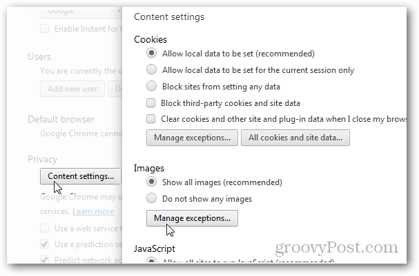 confidentialité de Chrome> paramètres de contenu> images> gérer les exceptions
