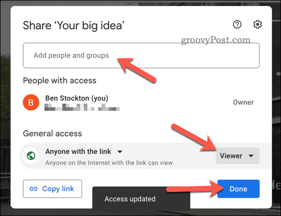 Options de partage Google Slides