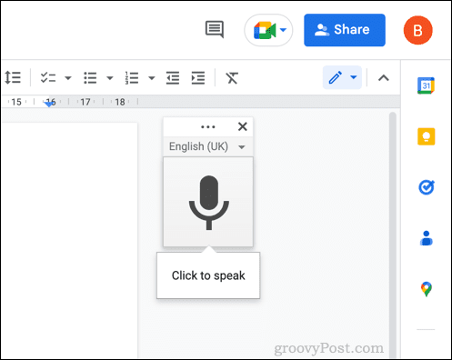Zone de menu de saisie vocale dans Google Docs