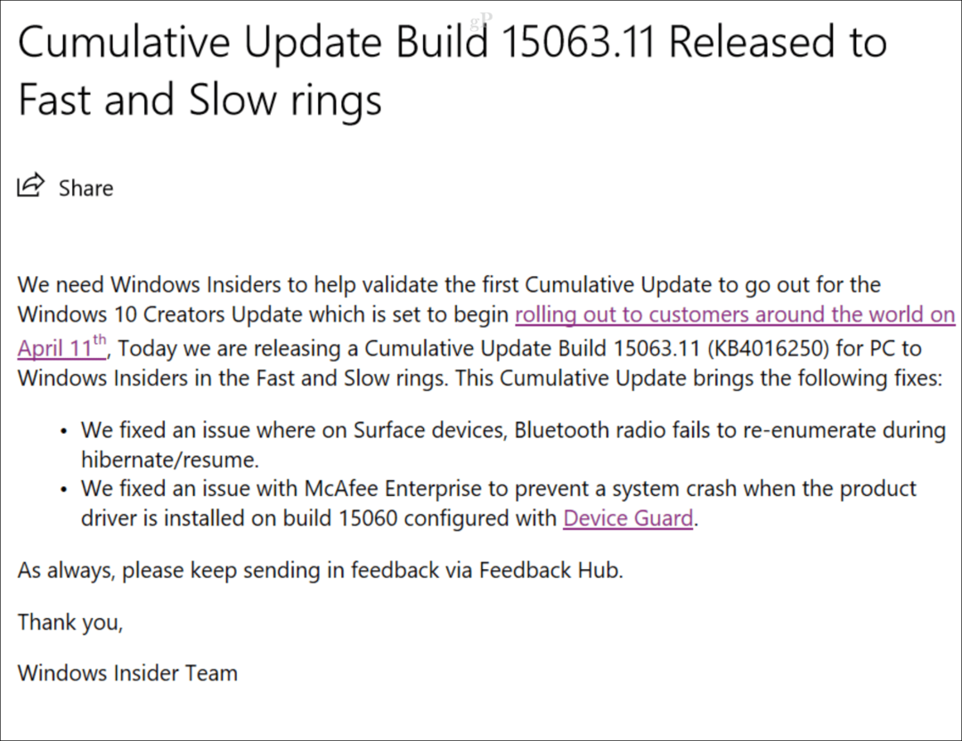 Publication de la première mise à jour cumulative pour la mise à jour des créateurs de Windows 10