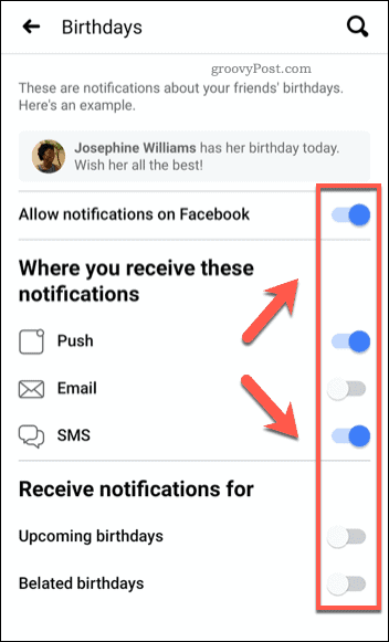 Curseurs de notification d'anniversaire mobile Facebook