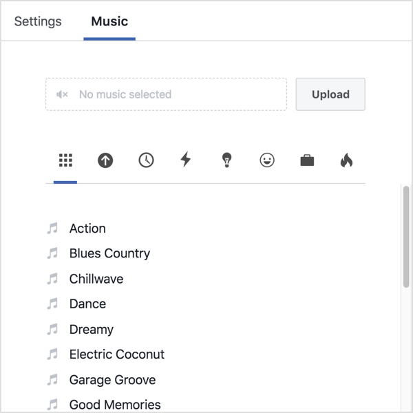 Cliquez sur l'onglet Musique et téléchargez votre propre audio ou sélectionnez une piste dans la bibliothèque Facebook.