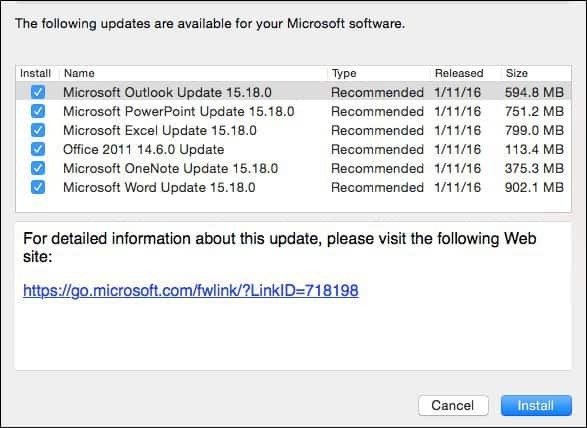 Microsoft Office 2016 pour Mac: mise à jour de janvier KB3133711