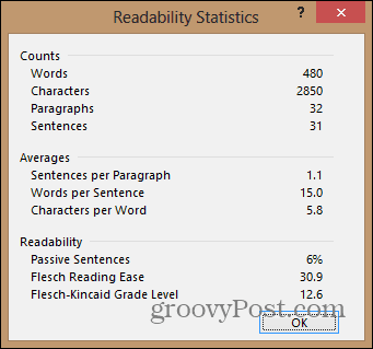 Statistiques du document de lisibilité Word 2013