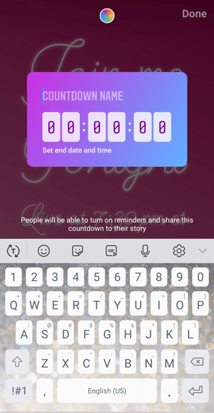 Comment utiliser l'autocollant Instagram Countdown pour les entreprises, étape 2 nom du compte à rebours.