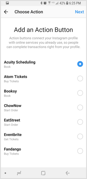 sélectionnez une application tierce sur Instagram Ajouter un écran de bouton d'action