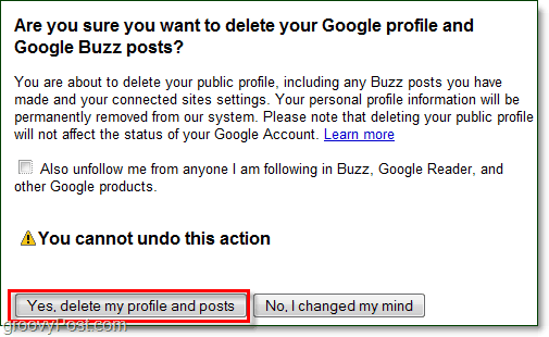 si vous êtes sûr de vouloir supprimer vos messages google buzz, cliquez sur oui supprimer le profil et les messages et google buzz disparaîtra!