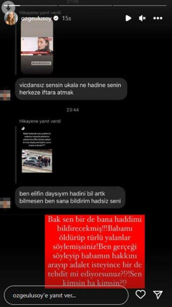 Messages menaçants d'Özge Ulusoy