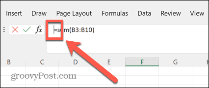 curseur de la barre de formule excel à gauche d'égal