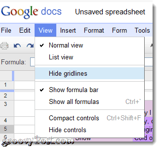 Masquer le quadrillage dans le menu Google Documents