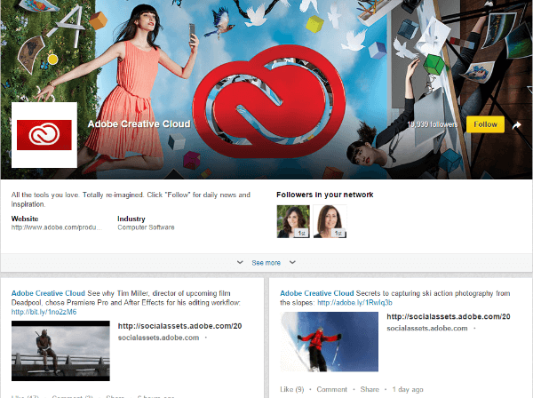 page de vitrine créative LinkedIn Adobe