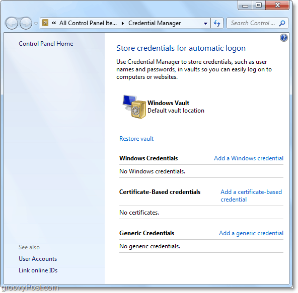 un aperçu global du coffre du gestionnaire d'informations d'identification Windows 7