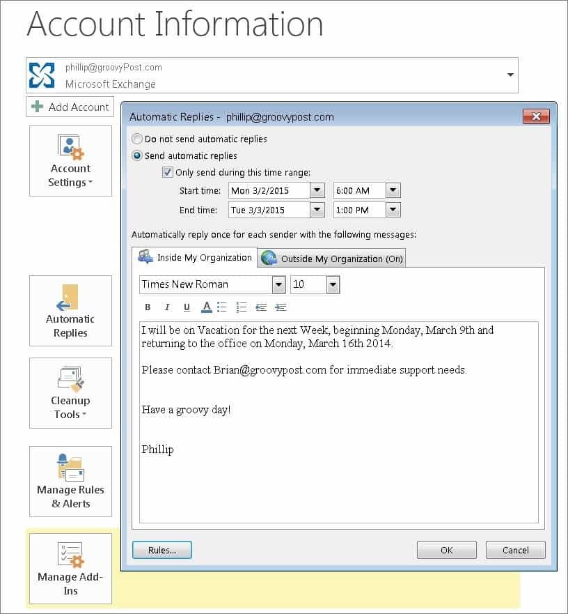 Activer les réponses automatiques avec le Compagnon Office dans Outlook 2010 et 2013