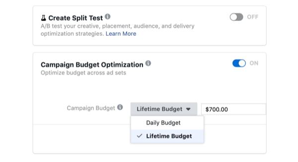 en sélectionnant Optimisation du budget de campagne et Budget à vie pour la campagne Facebook le jour de la vente flash
