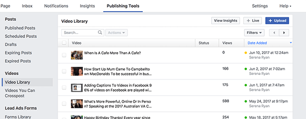 Votre vidéothèque Facebook contient toutes vos vidéos publiées et non publiées. Les vidéos avec un point jaune ne sont pas publiées et les vidéos avec un point vert sont publiées.