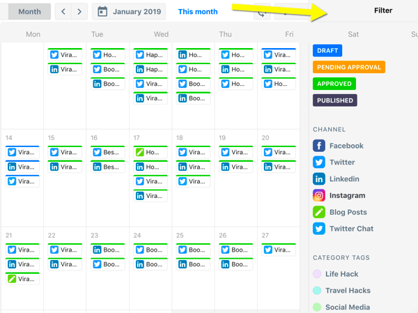 Comment organiser les tâches de marketing sur les réseaux sociaux, aperçu du calendrier ContentCal avec filtres