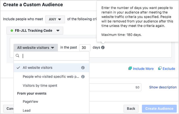 Créez des audiences personnalisées de personnes qui ont visité votre site Web au cours des 30 derniers jours, 60 jours, 90 jours et 180 jours. 