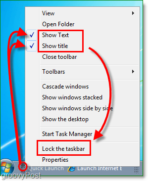 désactiver le texte et le titre du lancement rapide dans Windows 7, verrouiller la barre des tâches