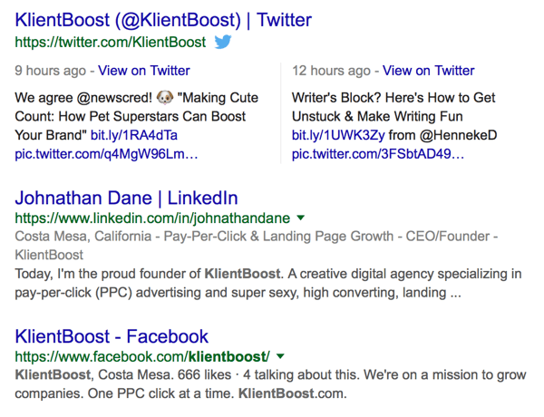 exemple de couverture klientboost sur la page de résultats des moteurs de recherche serp