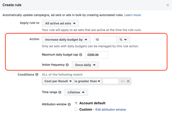Utilisez les règles automatisées de Facebook, augmentez le budget lorsque le ROAS est supérieur à 2, étape 2, paramètres d'action