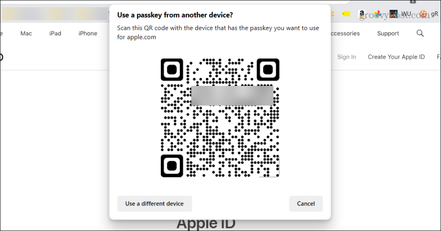 scanner les clés d'accès du compte Apple avec le code QR