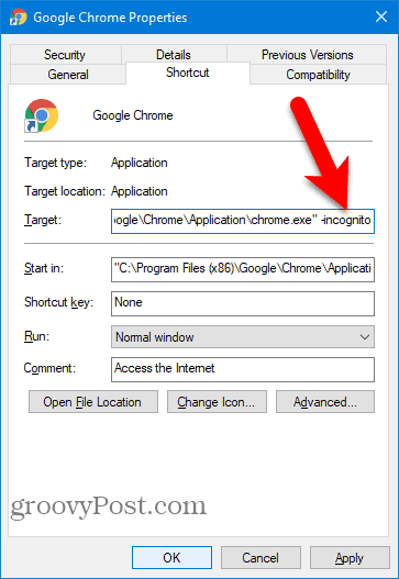 Ajouter -incognito au raccourci Chrome Desktop