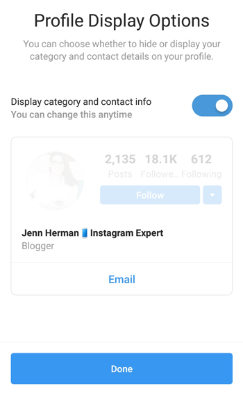 Sélection et affichage de la catégorie de profil de créateur Instagram.