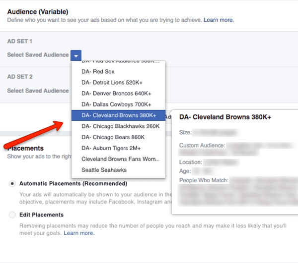 Choisissez deux audiences enregistrées pour votre test de partage d'audience Facebook.