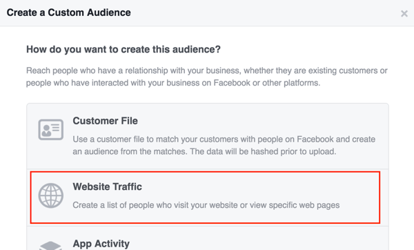 Créez une audience personnalisée Facebook basée sur le trafic du site Web.