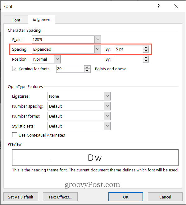 Développer l'espacement des caractères dans Word sous Windows