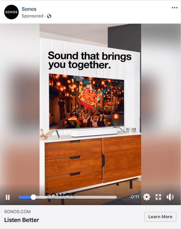 Exemple de publicité vidéo Facebook par Sonos.