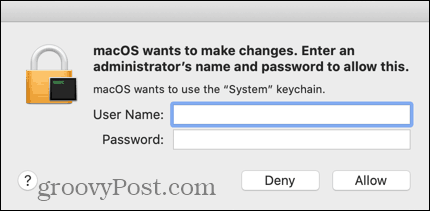 Saisissez les informations d'identification de votre compte Mac administratif