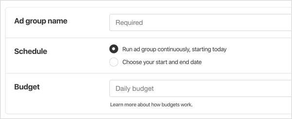 Nommez le groupe d'annonces, sélectionnez un calendrier pour celui-ci et définissez un budget quotidien.