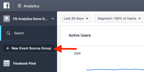 Créez des groupes de sources d'événements à partir de votre tableau de bord Facebook Analytics.