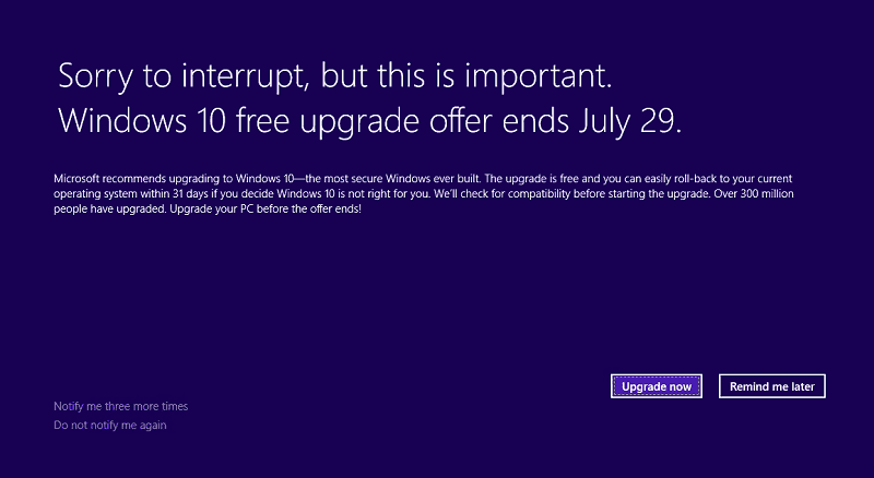 Microsoft publie une notification de fin d'offre de mise à niveau gratuite pour Windows 10