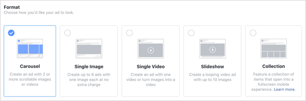 Options de format pour les publicités Facebook