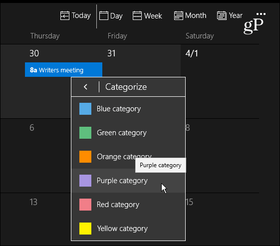 Calendrier des catégories de couleurs