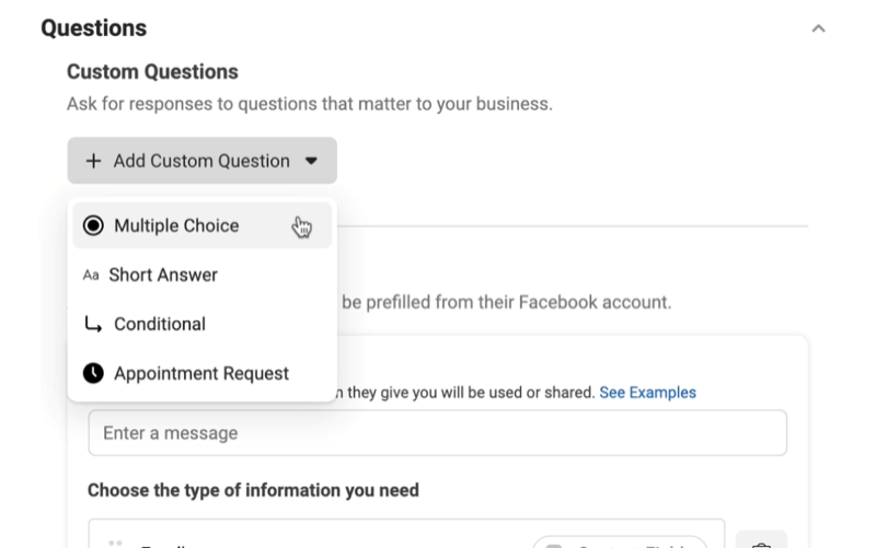 Facebook Lead Ads crée une nouvelle option de formulaire de prospect pour ajouter un menu de questions personnalisé avec des options à choix multiple, réponse courte, conditionnelle ou demande de rendez-vous