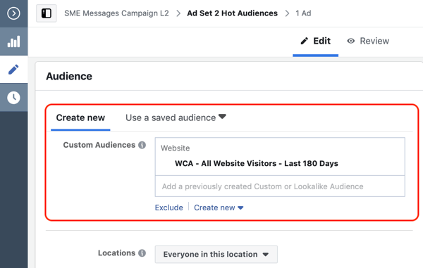 Comment convertir les visiteurs du site Web avec des publicités Facebook Messenger, étape 2, créer une audience personnalisée pour le site Web