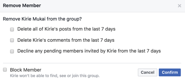 Vous pouvez supprimer les publications, les commentaires et les invitations des membres lorsque vous les supprimez de votre groupe Facebook.