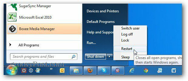 Modifier le bouton d'alimentation du menu Démarrer de Windows 7 pour redémarrer toujours