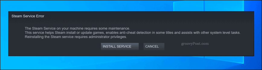 Boîte d'avertissement d'erreur de service Steam