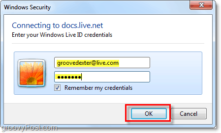 entrez le nom d'utilisateur et le mot de passe de votre compte Windows Live dans Microsoft Office 2010