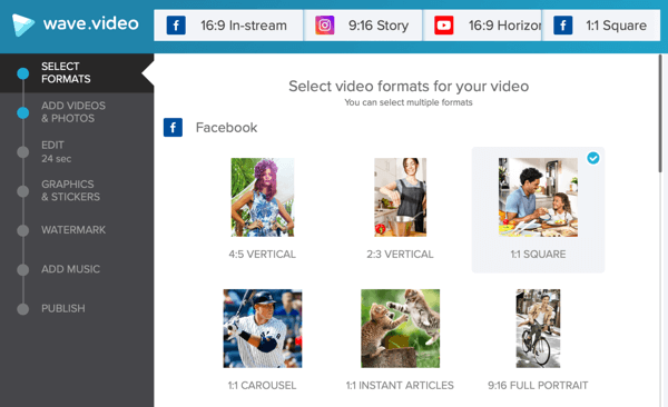 Développez une stratégie de vidéo sociale, créez une vidéo avec Wave.video, des options de modèle Facebook.